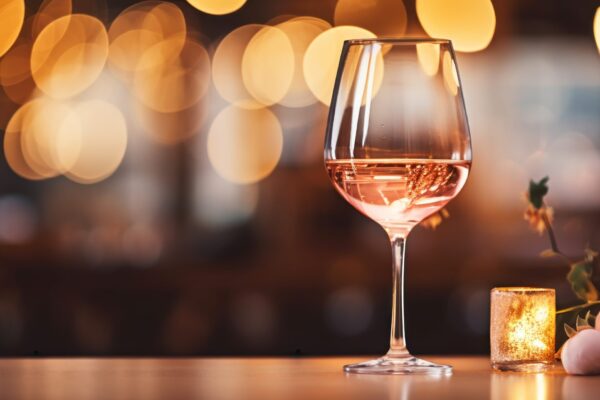 um copo de vinho rosa em uma mesa com um fundo de restaurante desfocado scaled